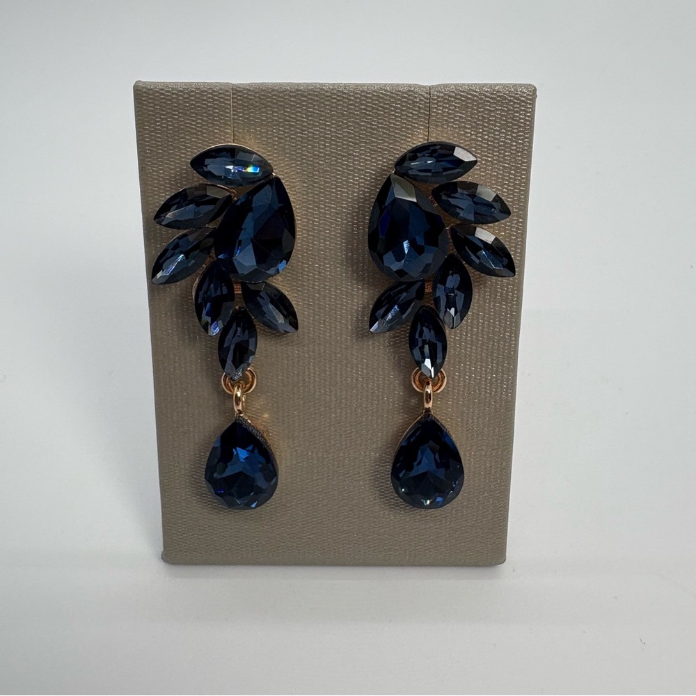 Navy Blue Crystal Teardrop Dangle Dark Blue Sapphire Drop Earrings
